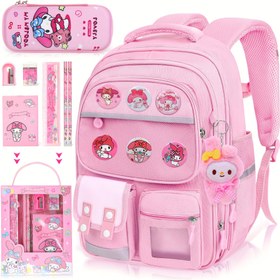 Resim Sanrio My Melody Büyük Kapasiteli Pembe Sırt Çantası - 50 Sticker, Melody Aksesuarları, 6 Rozet, Kalem Kutusu ve Kırtasiye Seti ile Mükemmel Okul ve Seyahat Çantası 