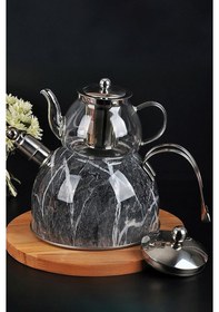 Resim Nishev Mermer Düdüklü Çelik Cam Çaydanlık Takımı Antrasit Gri 
