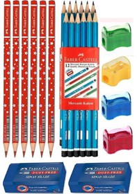 Resim Siyah Kurşun Kalem 12 Adet Faber Castell Kırmızı Başlık Kalemi 6 Adet Sınav Silgisi 2 Adet Kalemtraş 4 Adet 