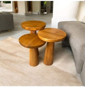 Resim Simillo Wood Wooden Ahşap 3 Lü Set Fitilli Mantar Yan Sehpa Modern Tik Ağacı Renk Fiskos Kahverengi 