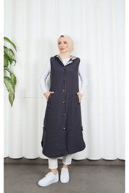 Resim HNT Hayrunnisa Tesettür Kapüşon içi Ekose Desen Detaylı Yelek Koyu Gri HNT8568 