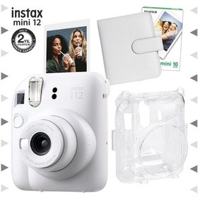 Resim Fujifilm Instax Mini 12 Fotoğraf Makinesi + 10'lu Film + Kare Albüm + Şeffaf Kılıf Seti Beyaz 