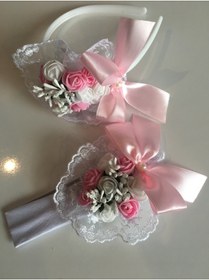 Resim CAN BUTİK Güpürlü Çiçekli Anne Bebek Tac Ve Bandana Set 