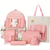 Resim Kızlar için Kawaii Sırt Çantası 5'li Set Okul Kitapçığı Gençler İçin Peluş Aksesuarlı Öğle Yemeği Çantası, Kalem Kutusu, El Çantası ve Bozuk Para Cüzdanı 