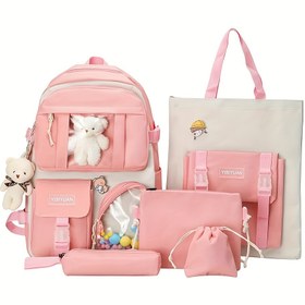 Resim Kızlar için Kawaii Sırt Çantası 5'li Set Okul Kitapçığı Gençler İçin Peluş Aksesuarlı Öğle Yemeği Çantası, Kalem Kutusu, El Çantası ve Bozuk Para Cüzdanı 