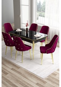 Resim Canisa Tia Serisi Açılabilir Mdf Mutfak Masası Takımı Siyah Mermer Desen Masa Gold Detay 6 Mürdüm Sandalye Masa Siyah Mermer Desen Sandalye Mürdüm 