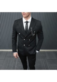 Resim Bys Beystil Sivri Yaka Siyah Kruvaze Takım Elbise Petek036 - Slim Fit 