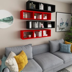 Resim Duvar Rafı Yatay Kitaplık Mobilya Hediye Rafı Siyah Kırmızı 4 Lü Takım Siyah Kırmızı 