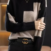 Resim Kadınlar İçin Renk Bloklu Yuvarlak Yaka Kazak - Siyah ve Gri Kontrast Desenli, Rahat Esnek Kesim Her Mevsim Üst Giysi, Şık ve Konforlu Kazak 