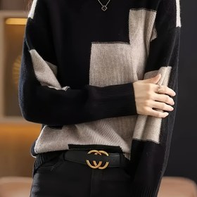 Resim Kadınlar İçin Renk Bloklu Yuvarlak Yaka Kazak - Siyah ve Gri Kontrast Desenli, Rahat Esnek Kesim Her Mevsim Üst Giysi, Şık ve Konforlu Kazak 