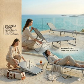 Resim Bysay Katlanır Şezlong Minderli 5 Li Set Kamp Yatağı Plaj Deniz Şezlongu Kampet (Gri) 