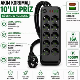 Resim Akım Korumalı Priz (6'lı, 8'li, 10'lu Seçenekler) 4000W 16A USB-C ve USB-A Hızlı Şarjlı 2 Metre Kablolu Çoklu Priz - 10'lu Priz + 4 USB 