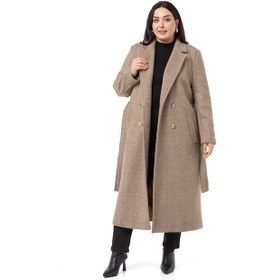 Resim Büyük Beden Ceket Yaka Düğmeli Ve Kuşaklı Derin Yırtmaçlı Balıksırtı Astarlı Uzun Vizon Kaban-vizon Vizon 