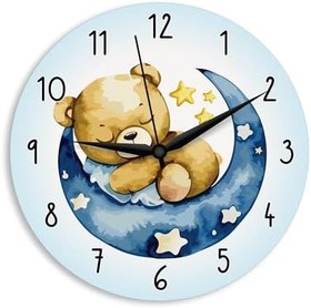 Resim caju art & decoration CajuArt Ayda Uyuyan Sevimli Ayı Çocuk Odası Ahşap Duvar Saati 
