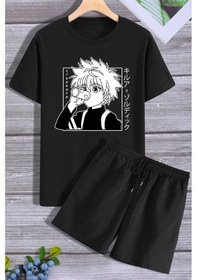 Resim Rahat Tasarım Anime Şort T-shirt Eşofman Takımı Siyah 
