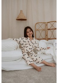Resim Köpek Baskılı Yaka Detaylı Çocuk Pijama Takımı Krem 