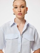 Resim Keten Karışımlı Crop Gömlek Kısa Kollu Kapaklı Cep Detaylı 