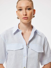 Resim Keten Karışımlı Crop Gömlek Kısa Kollu Kapaklı Cep Detaylı 