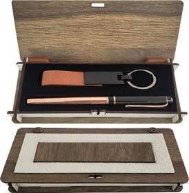 Resim Ahşap Kutulu Set Bakır Roller Kalem Anahtarlık Hediyelik 