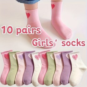 Resim 10 Çift Kızlar Kalça Boyu Çorap Kalp Tasarımı ile - Yumuşak Polyester ve Spandex Karışımı, Pastel Renkler (Pembe, Mor, Yeşil, Beyaz) - Gençler için Tüm Mevsimler Konforu, Sevimli Çoraplar, Gençler için Rahat Giyim, Oynak Gençler Tarzı, Dayanıklı Gençler Giyim 