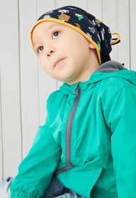 Resim Babygiz Pamuklu, Çift Katlı, Yumuşak, Penye, Lacivert-sarı Figürlü Erkek Çocuk Bebek Bere El Yapımı Yerli 