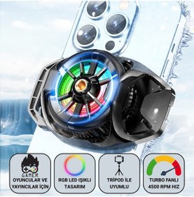Resim Polham Oyuncular Ve Yayıncılar İçin Telefon Soğutucu Rgb Led Işıklı Tasarım 4500 Rpm Turbo Fan Tripod Uyumlu Sessiz Soğutma 