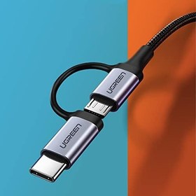 Resim Ugreen 2'si 1 Arada Örgülü Type-C Micro USB Şarj ve Data Kablosu 1 Metre 