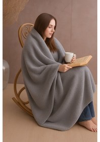 Resim 185x210cm %100 Pamuklu Çift Kişilik Battaniye Polar Antrasit Gri 