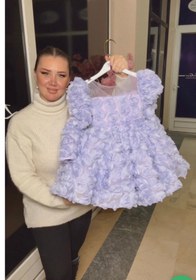 Resim Manolya Lila Uzun kol Gül Organze Çocuk Abiye Elbise - 6 Yaş 