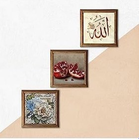 Resim Pinecone Allah Lafzı, Kelebekli Çiçek, Nar Taş Duvar Tablosu - Ahşap Çerçeveli Taş Tablo - 25x25 cm - 3 Parça Set - Dekoratif Duvar Sanatı - Modern Ev ve Ofis Duvar Dekoru W3-1152 
