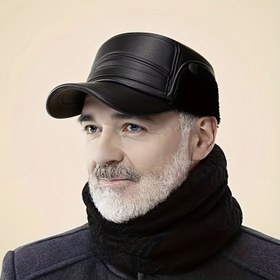 Resim Erkekler için Kış Sıcaklığı Düz Şapka Kulak Koruma - Kalınlaştırılmış Suni Deri, Orta Yaşlı ve Yaşlılar için Suni Kürk Astar 