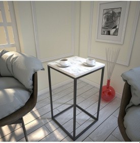 Resim Pure Beyaz Mermer Yan Sehpa & Servis Sehpası Metal Marmo 