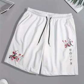 Resim Kiraz Çiçeği ve Japon Yazılı Tasarımlı Erkekler için Rahat Beyaz Polyester Şortlar, Beli İpli, Konforlu Günlük Kıyafet Şortları | İpli Şortlar | Rahat Kumaşlı Şortlar 