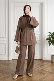 Resim MODAQU Kemerli Kimono Pantolon İkili Takım - Kahverengi 