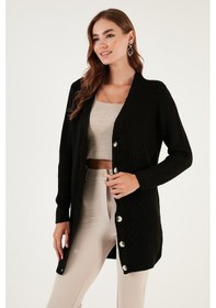 Resim Lela Regular Fit V Yaka Düğmeli Triko Örme Uzun Bayan Hırka 4615044 Siyah 