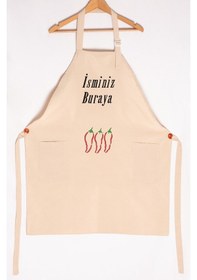 Resim Mutfak Önlüğü Kişiye Ve İsme Özel Nakışlı Mutfak Önlüğü Biber01 Farklı Renkler Krem 