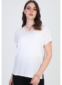 Resim Ella Camelia Kadın Yakası Dantel Detaylı Bluz 20E020 Ekru 