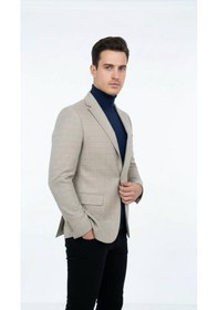 Resim Plus Scorpion Ekoseli Slim Fit Erkek Blazer Ceket Şık Modern Tasarım, Tek Düğmeli Açık Bej 