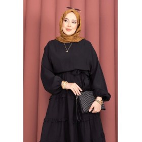 Resim HL Fırfır Detaylı Seyyar Kuşaklı Tesettür Elbise Siyah 