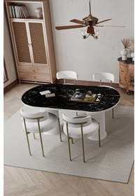 Resim Avvio West Beyaz Ptt Ayak 80x160 Yemek Masası Mutfak Masası Masa Sandalye Takımı Kadife Kumaş Siyah Mermer 