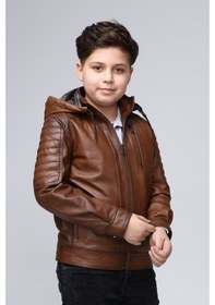 Resim Erkek Kapşonlu Hakiki Deri Çocuk Mont (544735300) Taba 