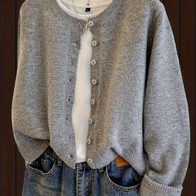 Resim Kadınlar İçin Şık Düğmeli Ön Kardigan - Yumuşak Esnek Kısa Kollu Cepli Açık Ön Kazak, Yuvarlak Yaka Günlük Şık Katmanlama Parçası İlkbahar & Sonbahar için, Mevsimlik Moda, Dayanıklı Örgü Giysi, Sonbahar Gardırop, Rahat Kumaş, Stil Sahibi Kadınlar 