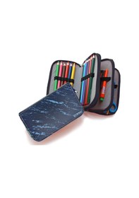 Resim Kalem Kutusu Siyah Mavi Desenli Kawai Organizer Kalemkutu Vegan Deri Üç Bölmeli Kalemlik - Siyah Siyah 