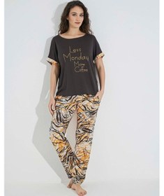 Resim Monamise Kadın Desenli Kısa Kollu "less Mondey More Coffee" Pijama Takımı 23105 Mor 