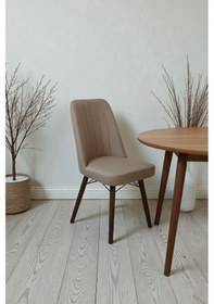 Resim Nora 1 Adet Sandalye - Keten Kumaşlı Sandalye Modern Ahşap Ayaklı Yemek & Çalışma Sandalyesi Minimal Tasarım Cappuccino 