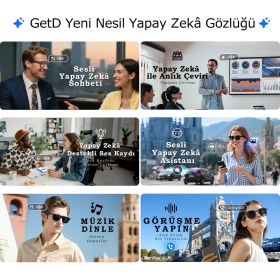 Resim GG24C1 Getd Bluetooth Kulaklıklı Akıllı Gözlük - 2'si 1 Arada Kablosuz Kulaklık + Gözlük | Müzik, Arama, AI Çeviri (Siyah veya ŞEFFAF Camsız) 