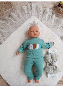 Resim Yenidoğan Kuzulu Taç Nakış Güpürlü Fiyonklu Duvaklı Prizma Taş Unisex Kundak Bebek Battaniyesi 
