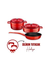 Resim Lava Döküm 3x Trendy Serisi 6 Parça Tencere & Tava Seti Kırmızı 