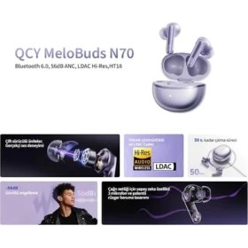 Resim Qcy Melobuds N70 Bluetooth Kulaklık, Hi-Res Audio, Ldac, 50DB Hibrit Anc, Kablosuz Şarj, 50 Saat Pil Ömrü, 6 Mikrofon, Kulakiçi, Mor 