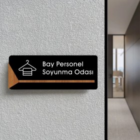 Resim Bay Personel Soyunma Odası - Ofis Kapı Isimliği, Yönlendirme Levhası 26X10CM - Siyah & Ceviz 